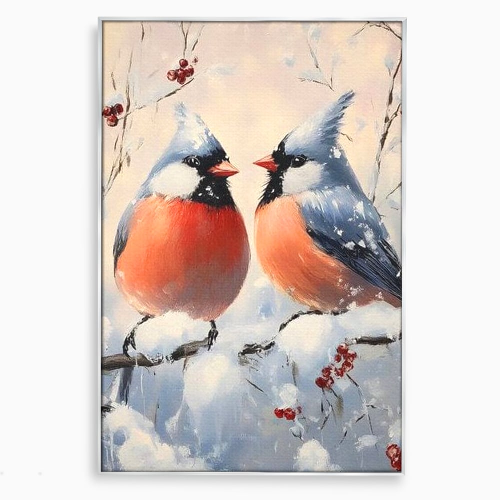 Tablou canvas cu tablou canvas cu doi pasari cardinali in iarna, in rama de aluminiu argintiu